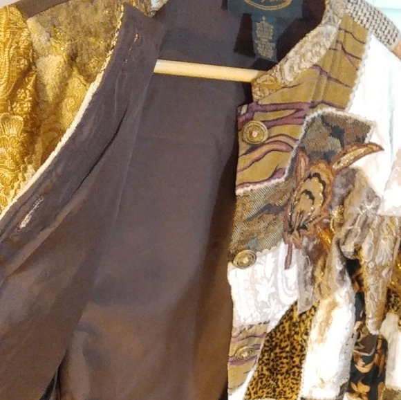 Alex Kim Patchwork Quilted Brown Gold Animal Print Floral Jacket Blazer Size S - Picture 9 of 10
